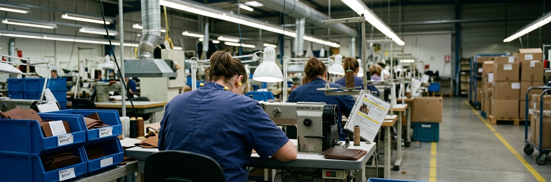 Ligne de postes de couture dans un atelier de maroquinerie industrielle
