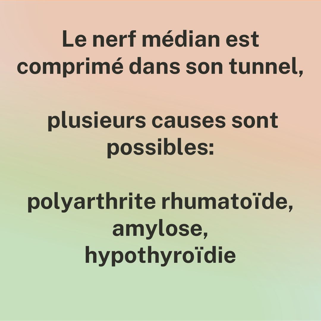 Le nerf médian est comprimé dans son tunnel. Plusieurs causes sont possibles : polyarthrite rhumatoïde, amylose, hypothyroïdie.